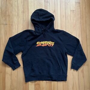 Stussy Flame Logo Hoodie Black Pullover Hooded Sweatshirt Size M